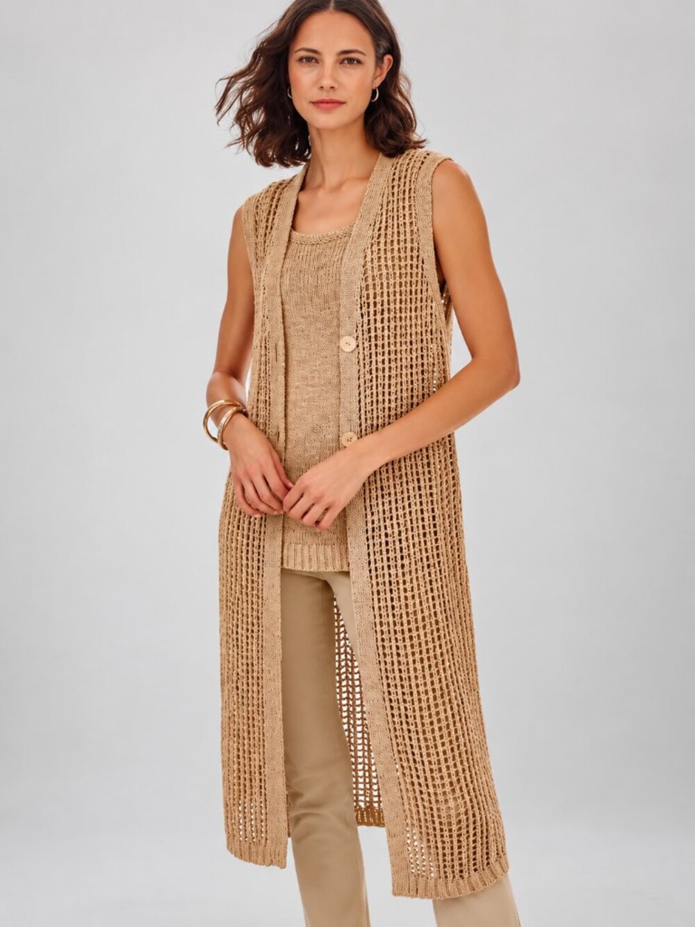 J. Jill NEW Open Crochet Knit Gold Button Gilet Longline Sweater Duster Vest 2X